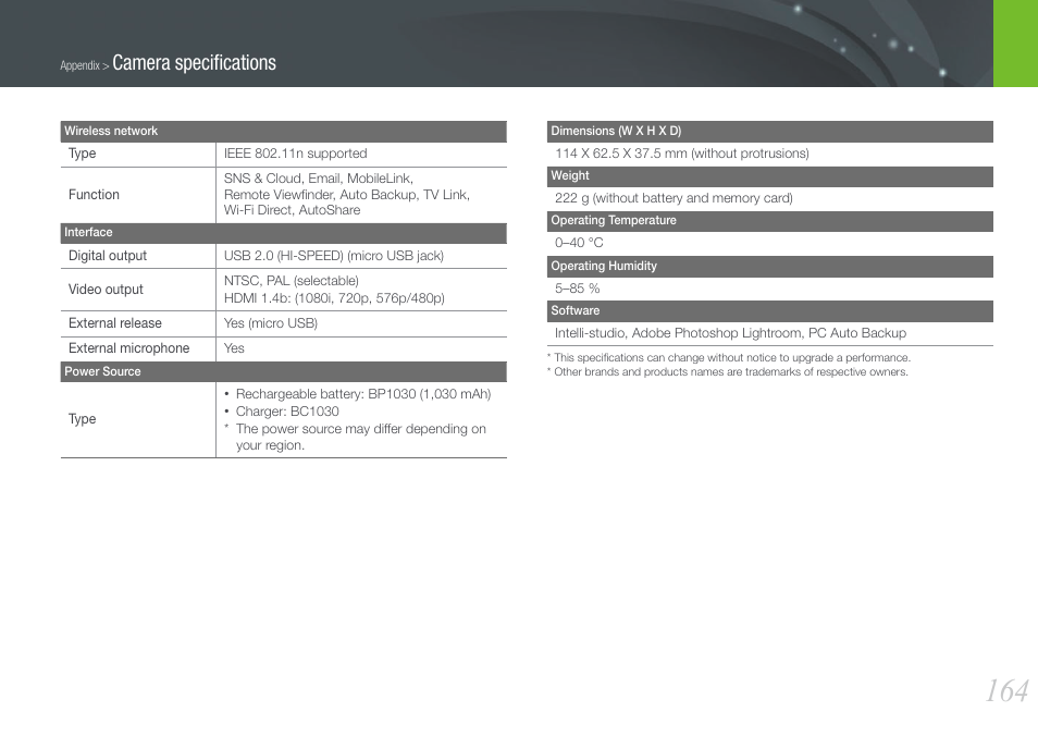 Camera speciﬁcations | Samsung EV-NX1000BJPUS User Manual | Page 165 / 182