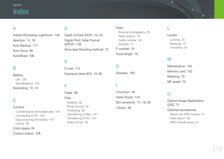 Index | Samsung EV-NX1000BJPUS User Manual | Page 174 / 182