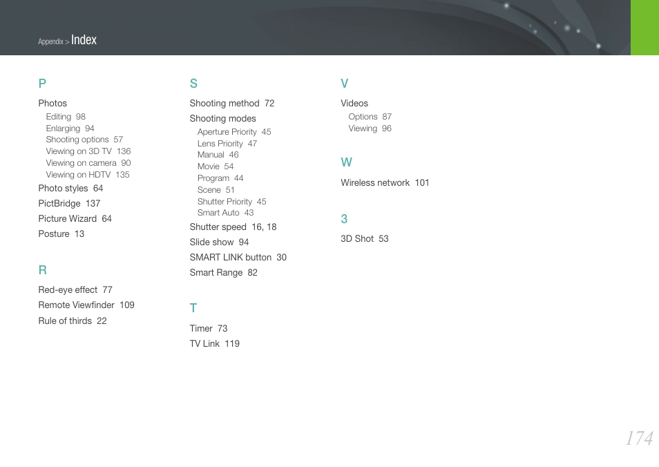 Index | Samsung EV-NX1000BJPUS User Manual | Page 175 / 182