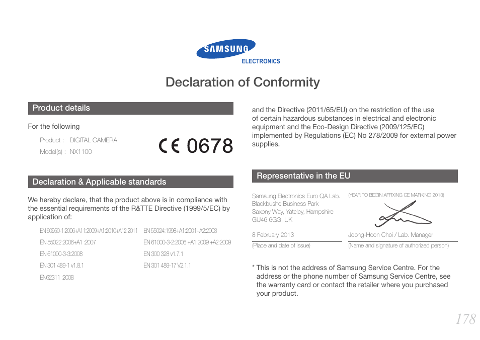 Declaration of conformity | Samsung EV-NX1000BJPUS User Manual | Page 179 / 182