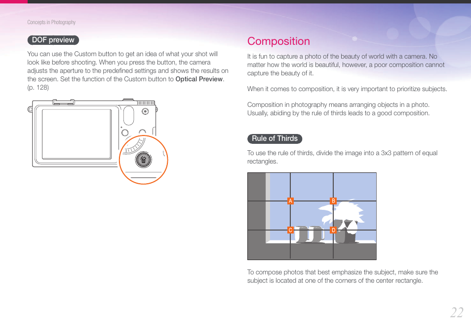 Dof preview, Composition, Rule of thirds | Samsung EV-NX1000BJPUS User Manual | Page 23 / 182