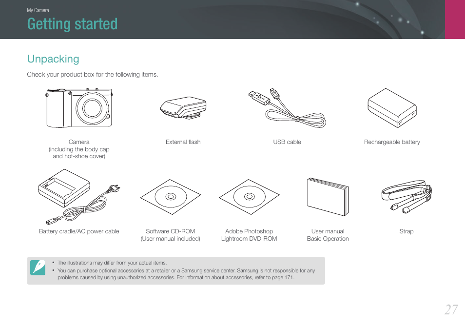 Getting started, Unpacking | Samsung EV-NX1000BJPUS User Manual | Page 28 / 182