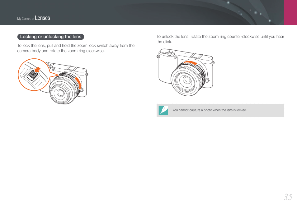 Locking or unlocking the lens | Samsung EV-NX1000BJPUS User Manual | Page 36 / 182
