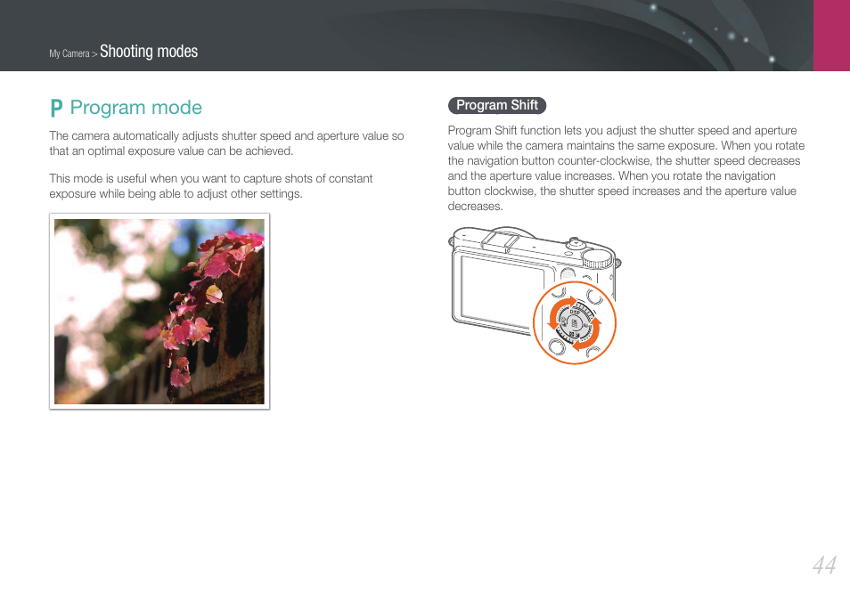 Program mode, Program shift, P program mode | Samsung EV-NX1000BJPUS User Manual | Page 45 / 182
