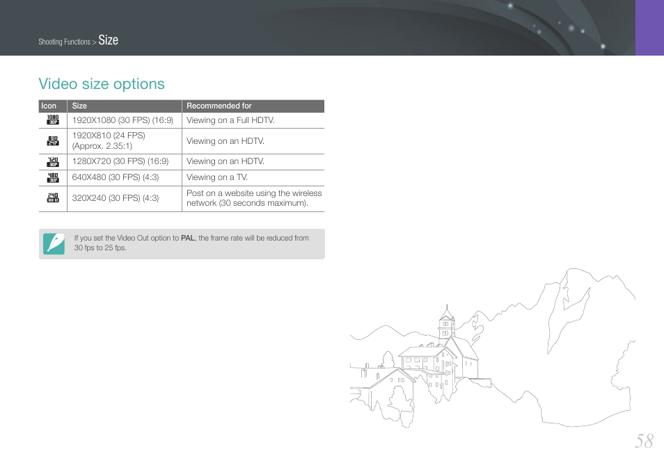 Video size options, Size | Samsung EV-NX1000BJPUS User Manual | Page 59 / 182