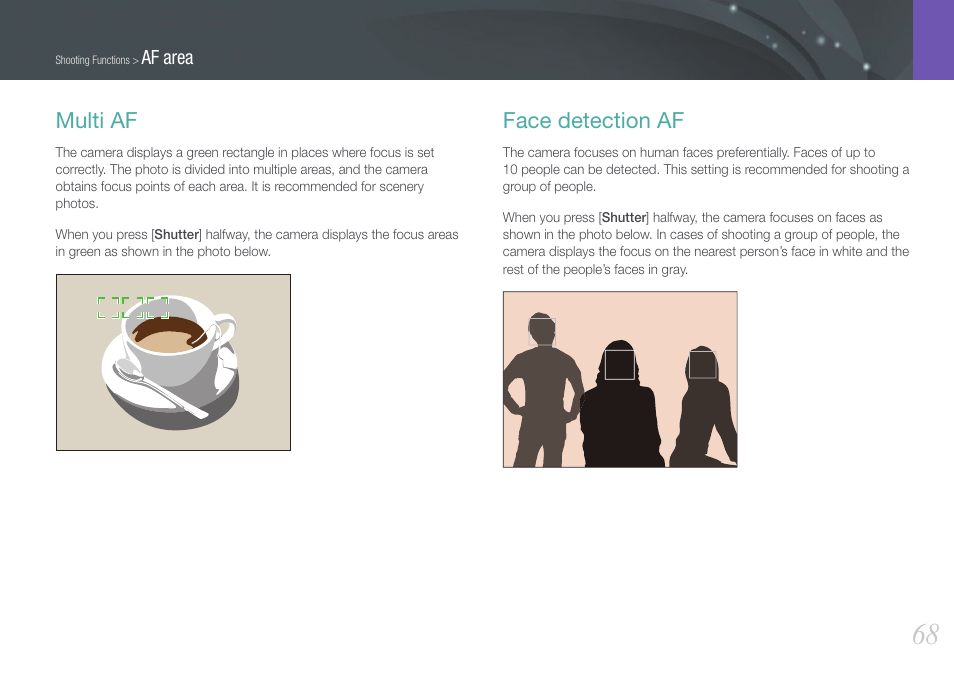 Multi af, Face detection af, Multi af face detection af | Samsung EV-NX1000BJPUS User Manual | Page 69 / 182