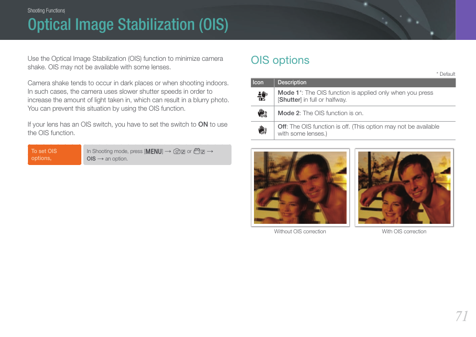 Optical image stabilization (ois), Ois options | Samsung EV-NX1000BJPUS User Manual | Page 72 / 182