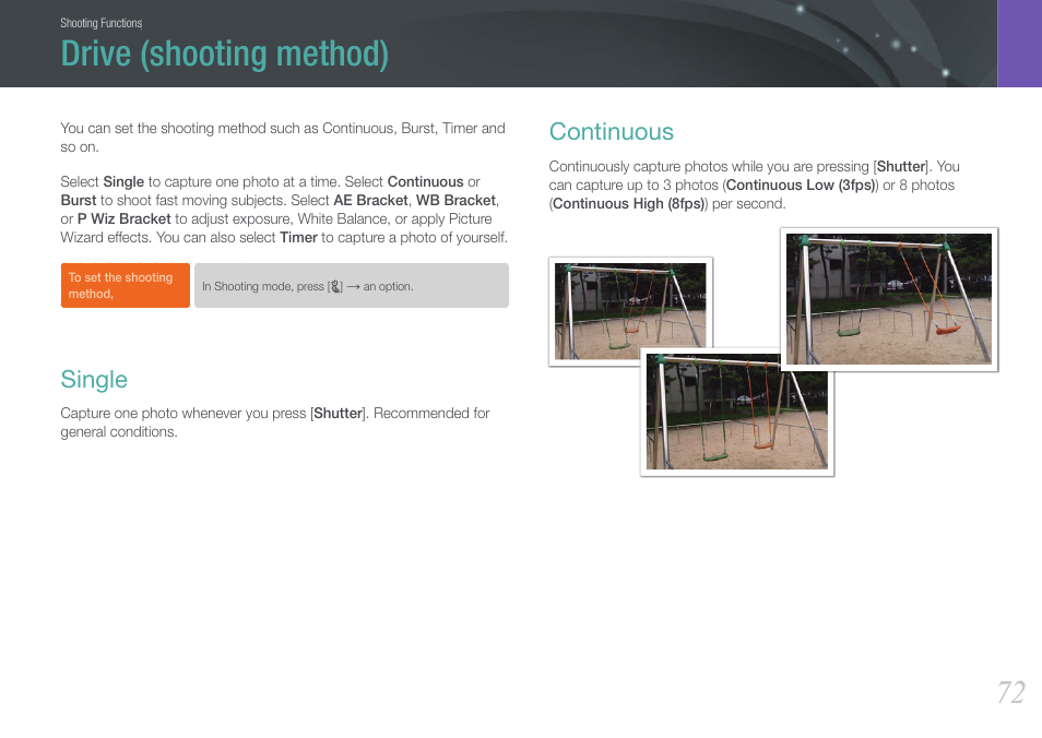 Drive (shooting method), Single, Continuous | Single continuous | Samsung EV-NX1000BJPUS User Manual | Page 73 / 182