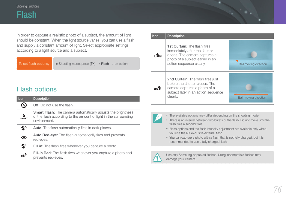 Flash, Flash options | Samsung EV-NX1000BJPUS User Manual | Page 77 / 182