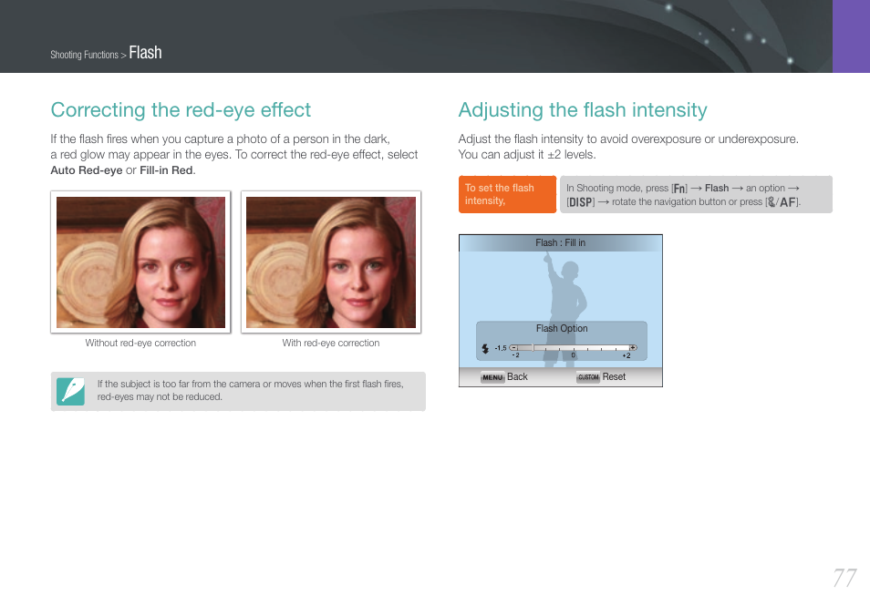 Correcting the red-eye effect, Adjusting the flash intensity, Adjusting the ﬂash intensity | Flash | Samsung EV-NX1000BJPUS User Manual | Page 78 / 182