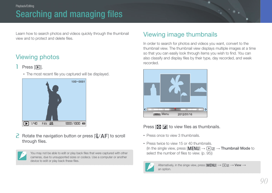 Searching and managing files, Viewing photos, Viewing image thumbnails | Searching and managing ﬁles, Viewing photos viewing image thumbnails | Samsung EV-NX1000BJPUS User Manual | Page 91 / 182