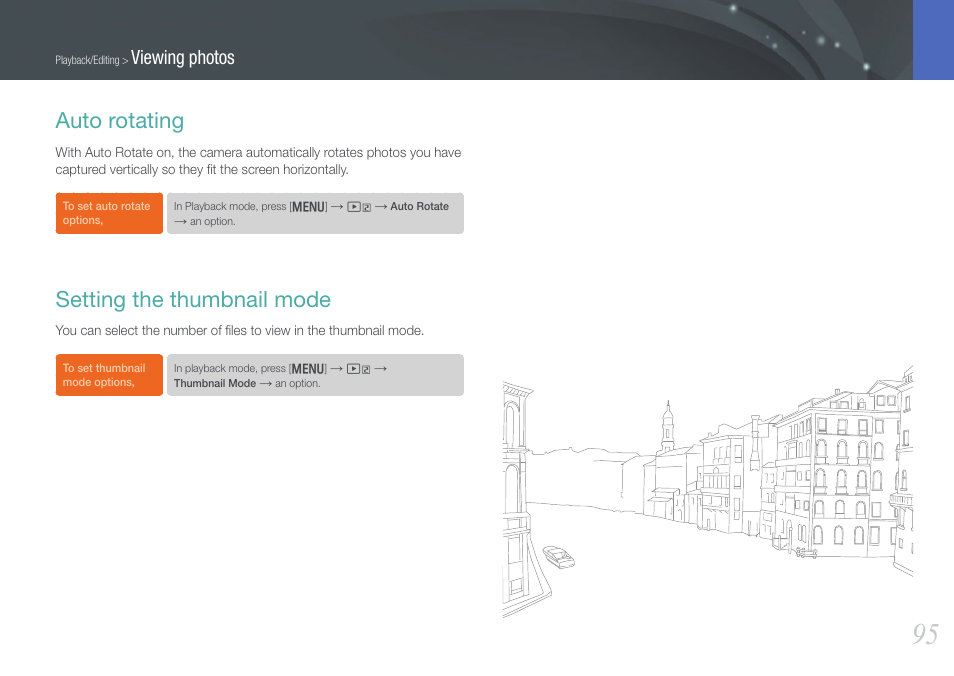 Auto rotating, Setting the thumbnail mode, Auto rotating setting the thumbnail mode | Viewing photos | Samsung EV-NX1000BJPUS User Manual | Page 96 / 182
