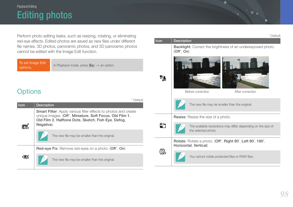 Editing photos, Options | Samsung EV-NX1000BJPUS User Manual | Page 99 / 182