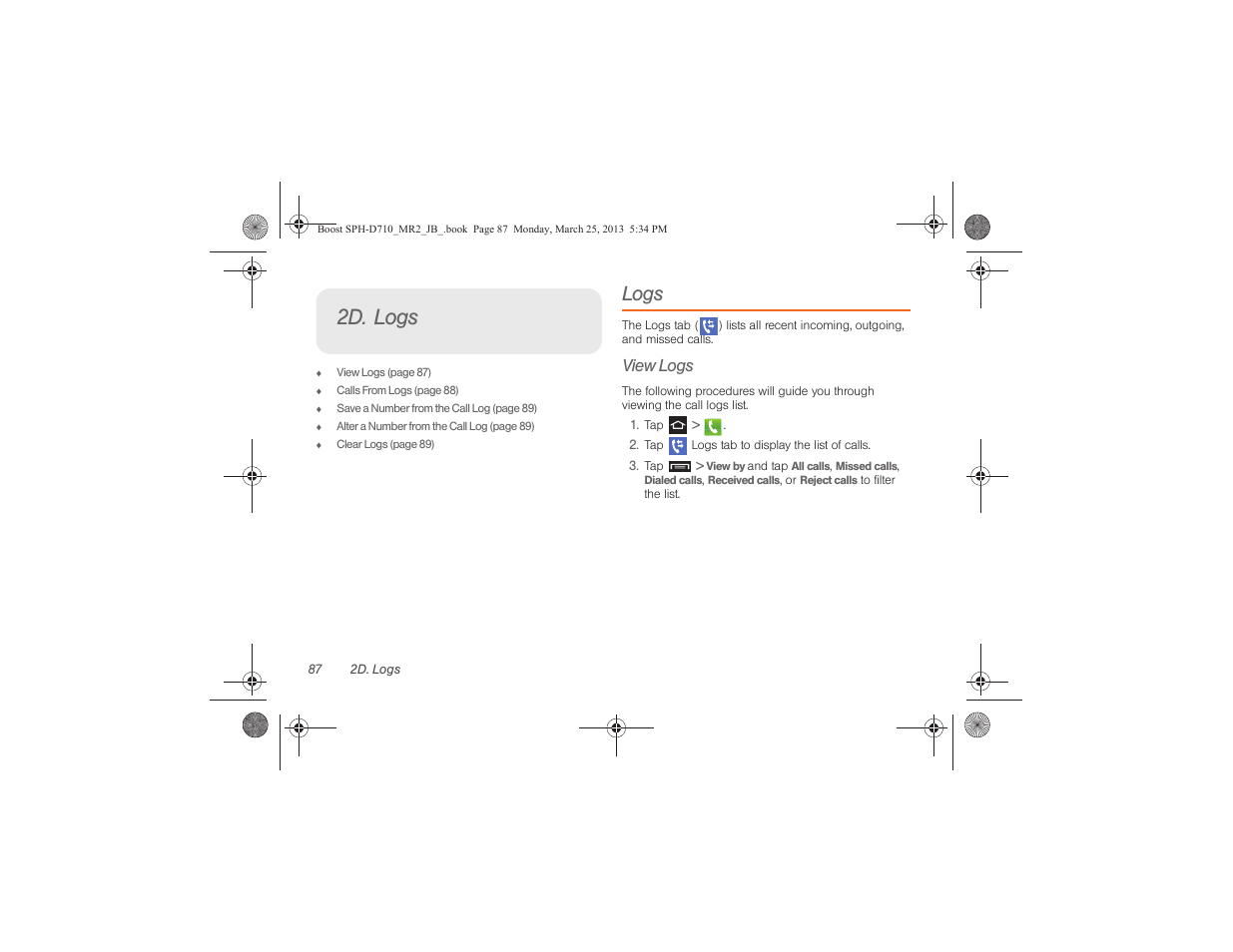 2d. logs, Logs, View logs | Samsung SPH-D710ZWABST User Manual | Page 102 / 252