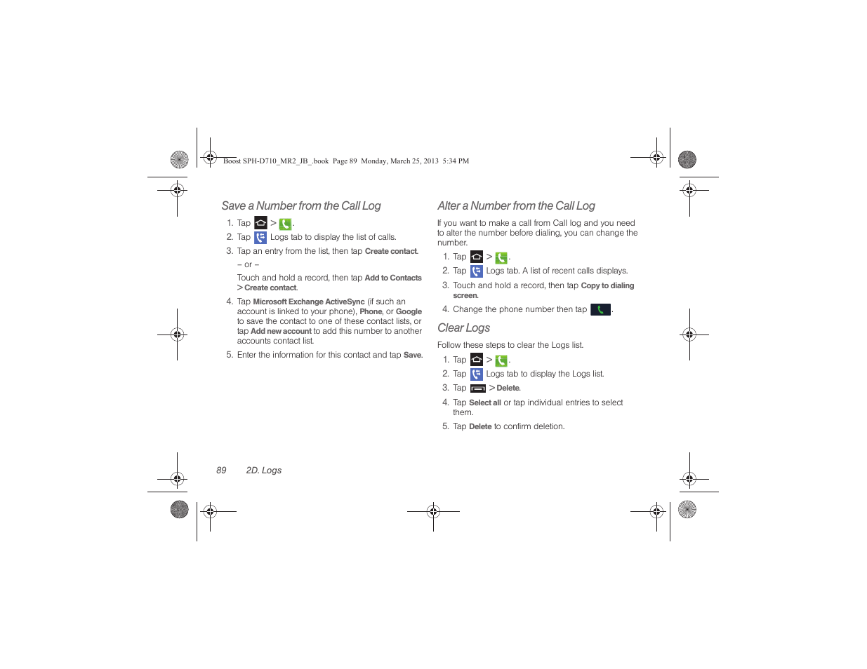 Save a number from the call log, Alter a number from the call log, Clear logs | Samsung SPH-D710ZWABST User Manual | Page 104 / 252