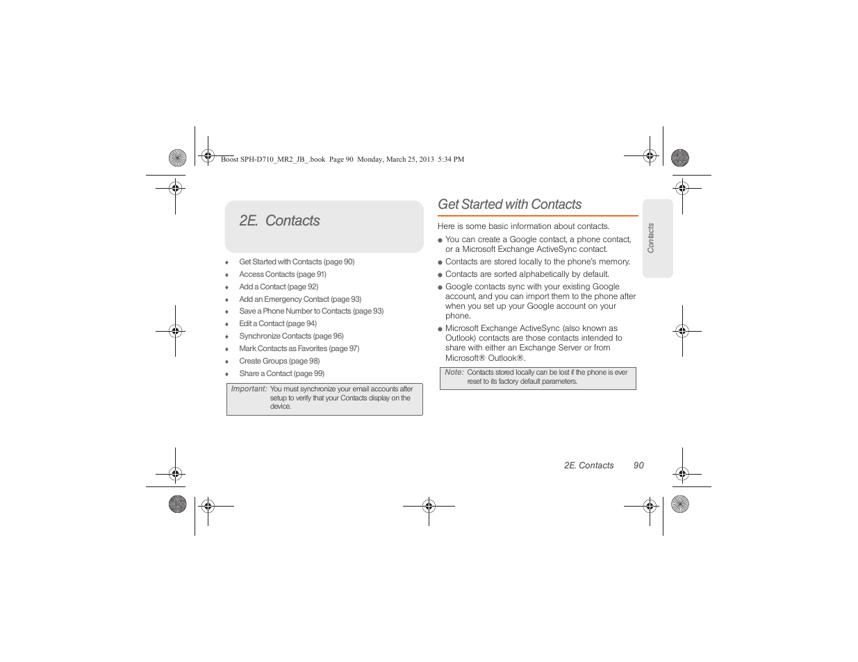 2e. contacts, Get started with contacts | Samsung SPH-D710ZWABST User Manual | Page 105 / 252