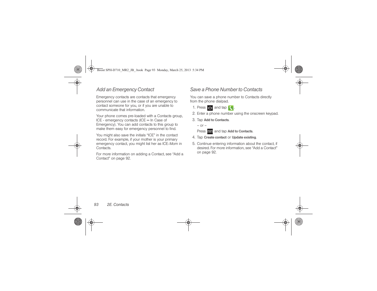 Add an emergency contact, Save a phone number to contacts | Samsung SPH-D710ZWABST User Manual | Page 108 / 252