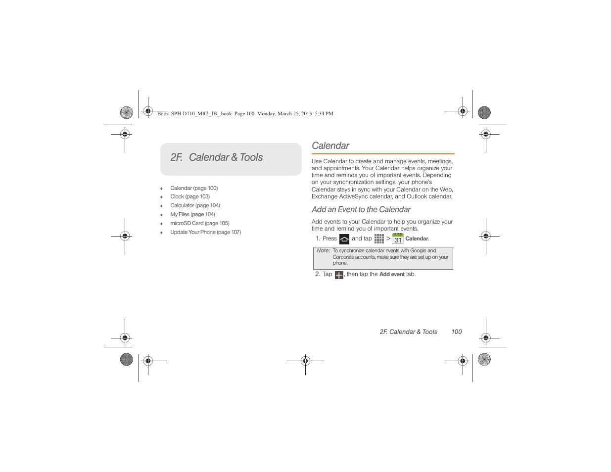 2f. calendar & tools, Calendar, Add an event to the calendar | Samsung SPH-D710ZWABST User Manual | Page 115 / 252