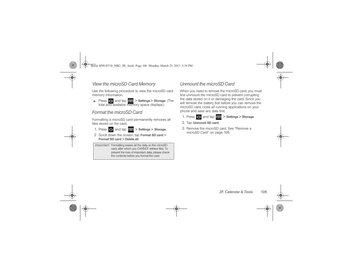 Format the microsd card, Unmount the microsd card | Samsung SPH-D710ZWABST User Manual | Page 121 / 252