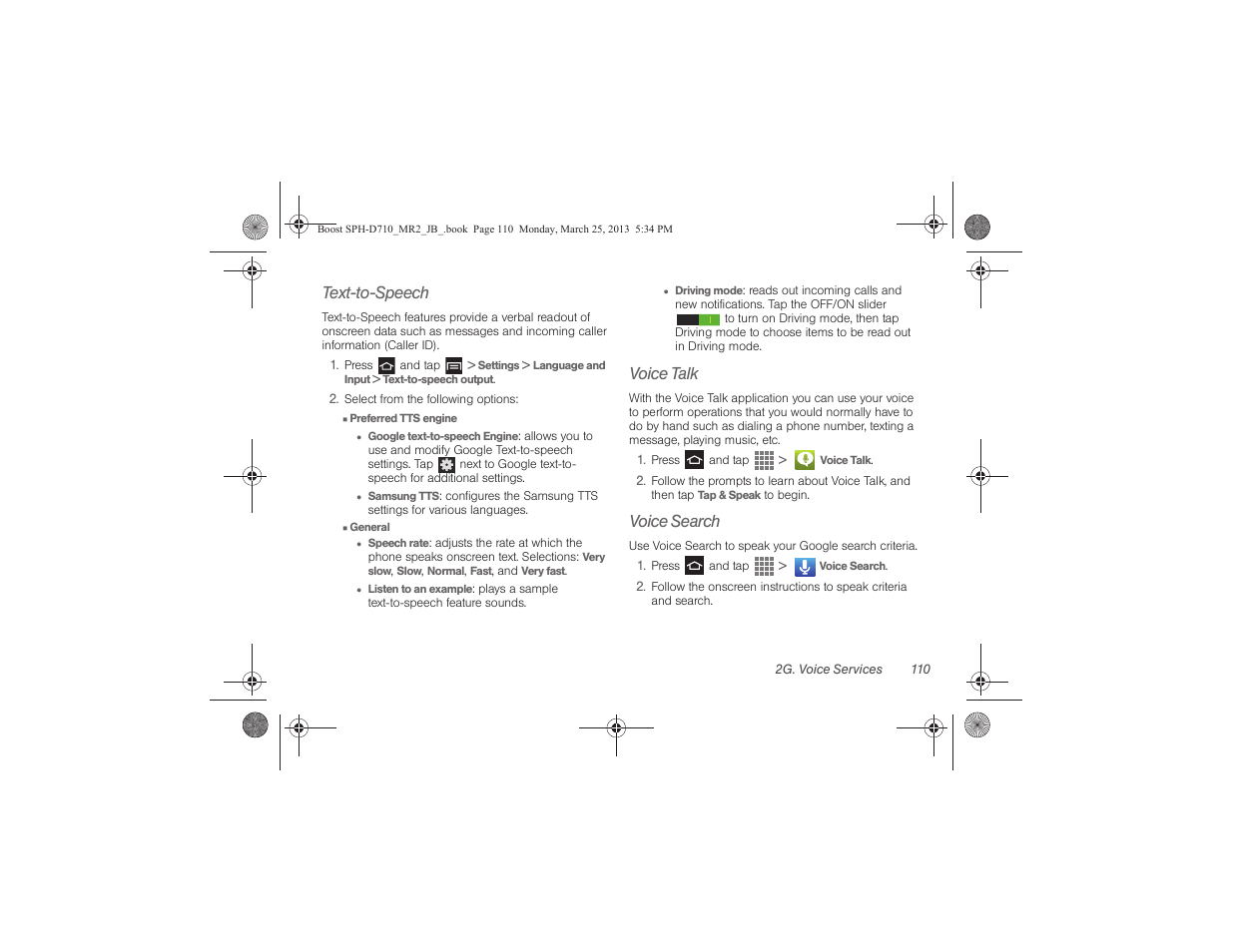 Text-to-speech, Voice talk, Voice search | Samsung SPH-D710ZWABST User Manual | Page 125 / 252