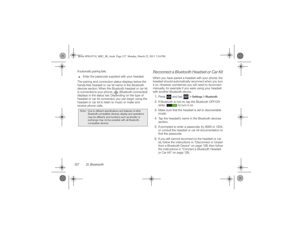 Reconnect a bluetooth headset or car kit | Samsung SPH-D710ZWABST User Manual | Page 142 / 252