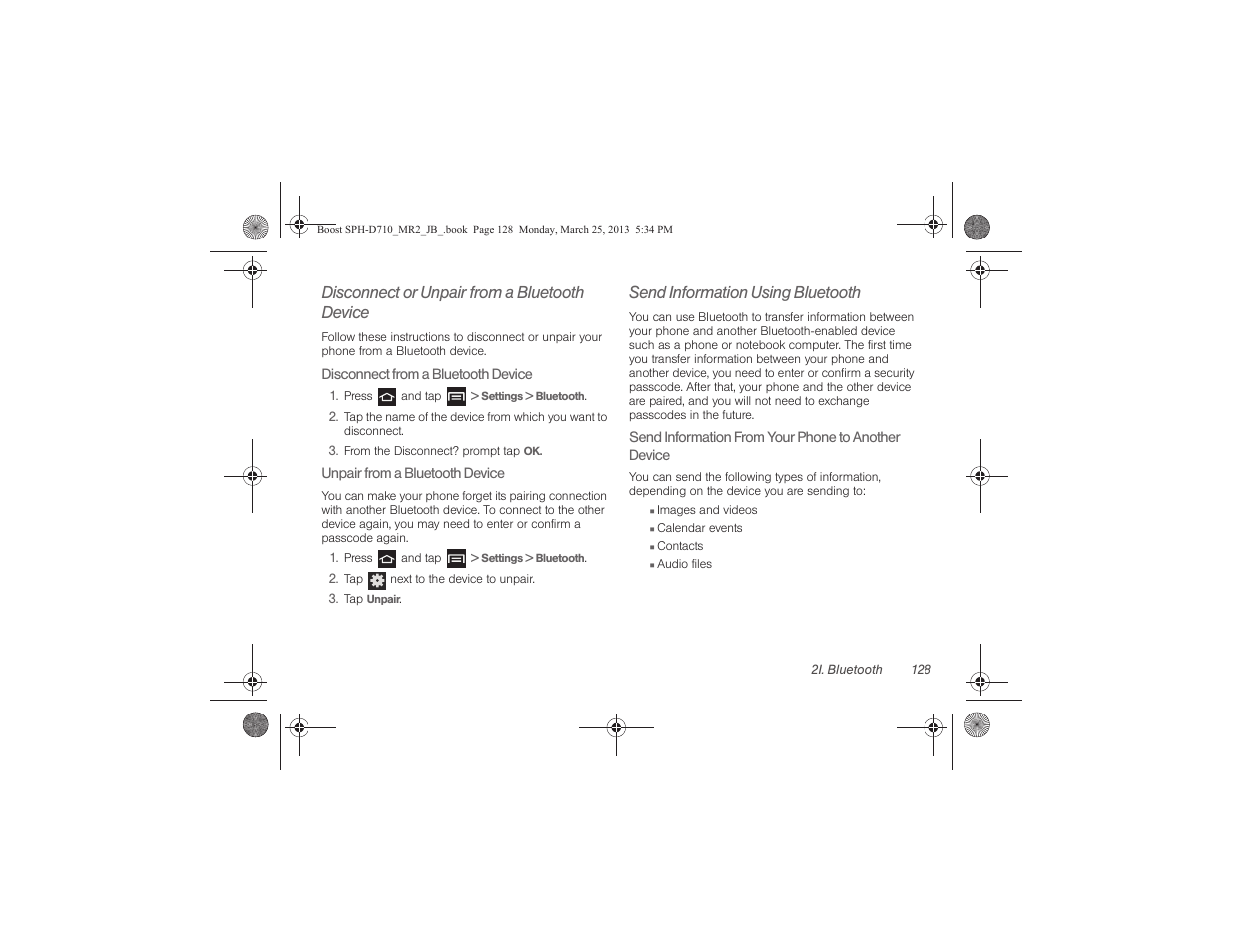 Disconnect or unpair from a bluetooth device, Send information using bluetooth | Samsung SPH-D710ZWABST User Manual | Page 143 / 252