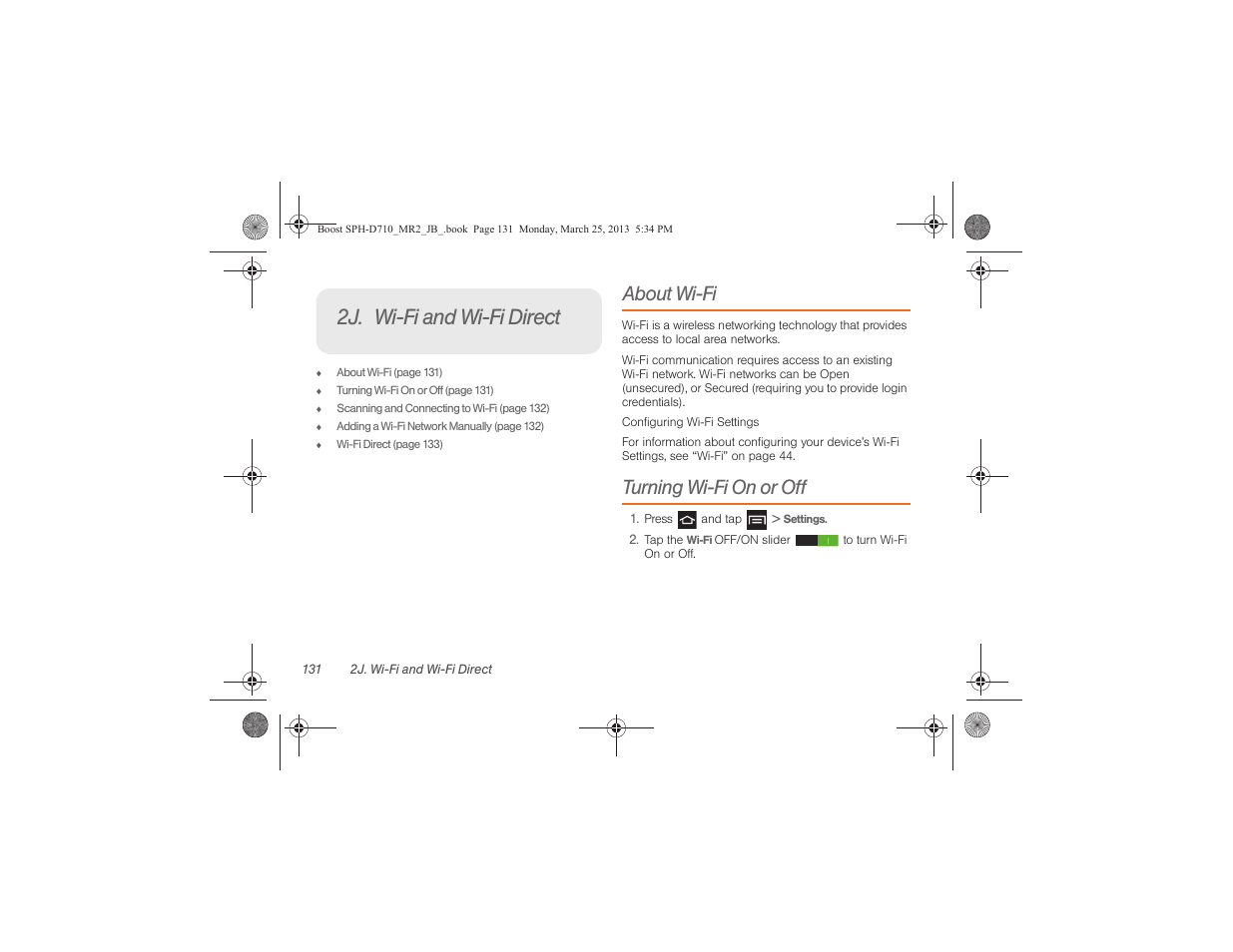 2j. wi-fi and wi-fi direct, About wi-fi, Turning wi-fi on or off | Samsung SPH-D710ZWABST User Manual | Page 146 / 252