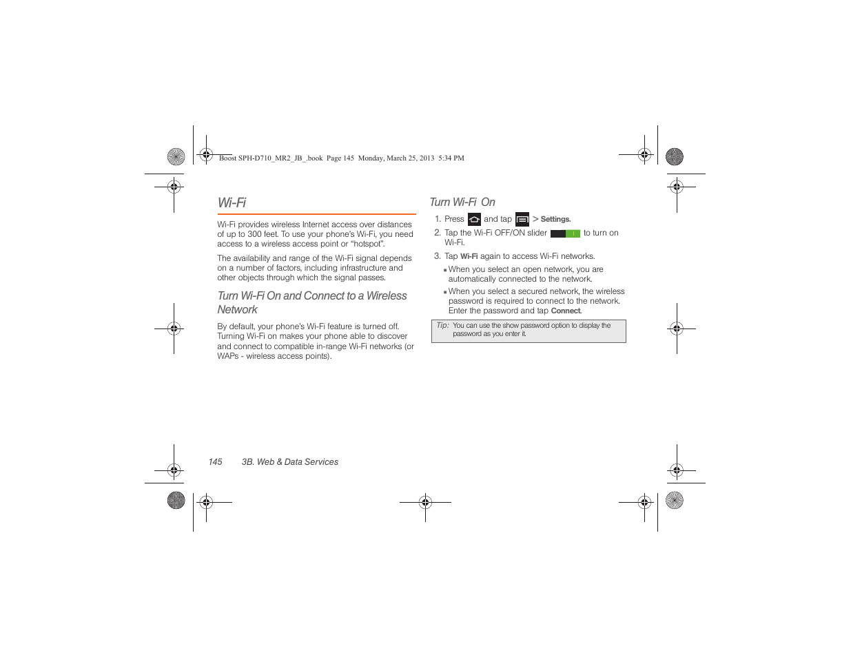 Wi-fi, Turn wi-fi on and connect to a wireless network, Turn wi-fi on | Samsung SPH-D710ZWABST User Manual | Page 160 / 252