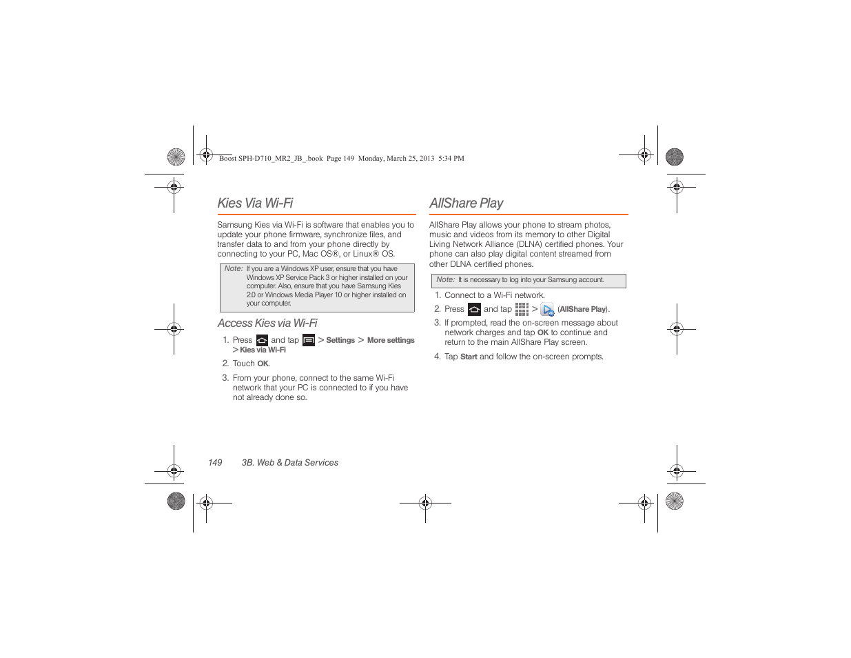 Kies via wi-fi, Allshare play, Access kies via wi-fi | Samsung SPH-D710ZWABST User Manual | Page 164 / 252