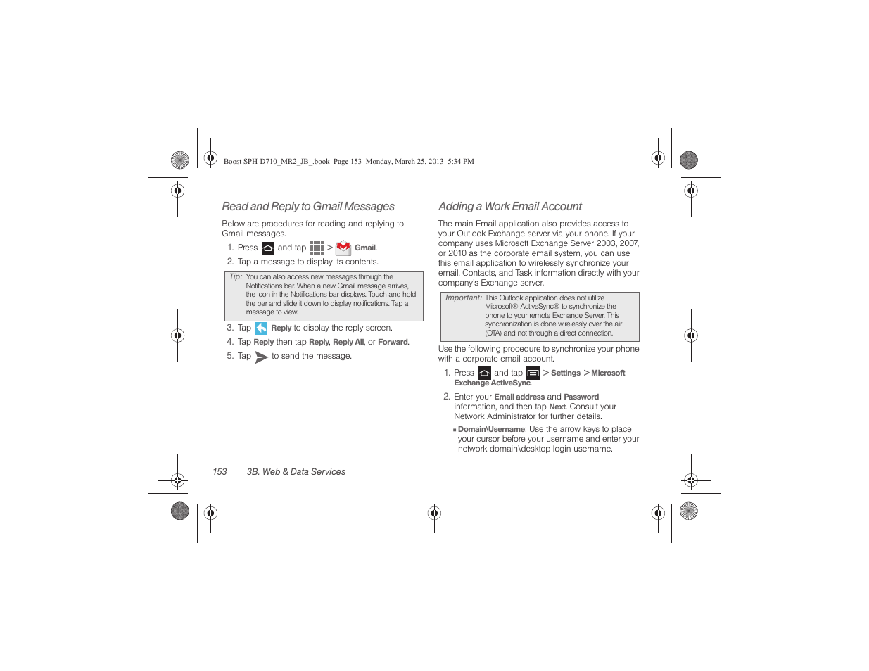 Read and reply to gmail messages, Adding a work email account | Samsung SPH-D710ZWABST User Manual | Page 168 / 252
