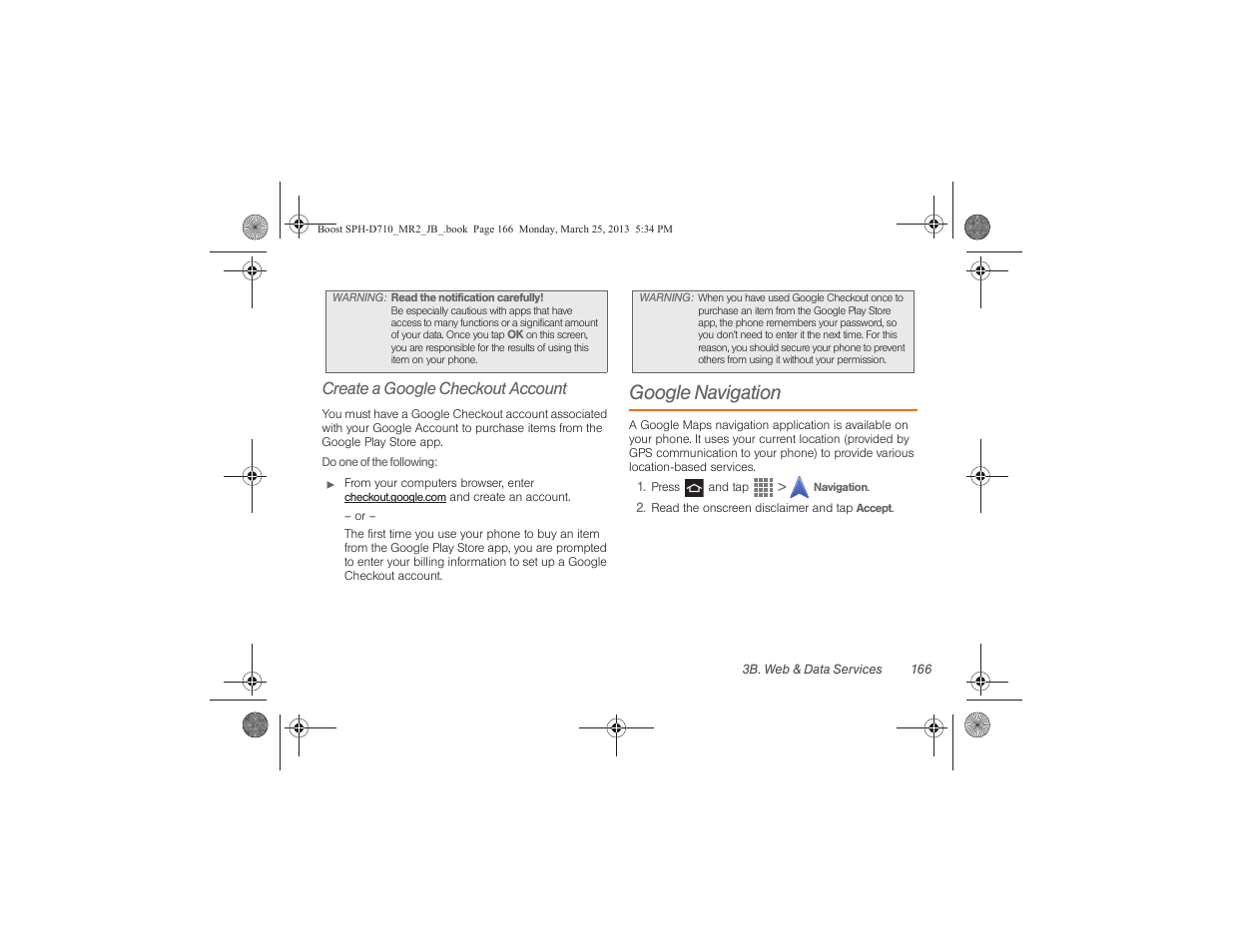 Google navigation, Create a google checkout account | Samsung SPH-D710ZWABST User Manual | Page 181 / 252