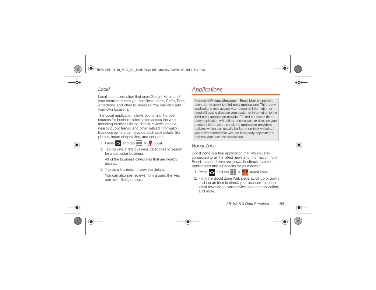 Applications, Local, Boost zone | Samsung SPH-D710ZWABST User Manual | Page 183 / 252