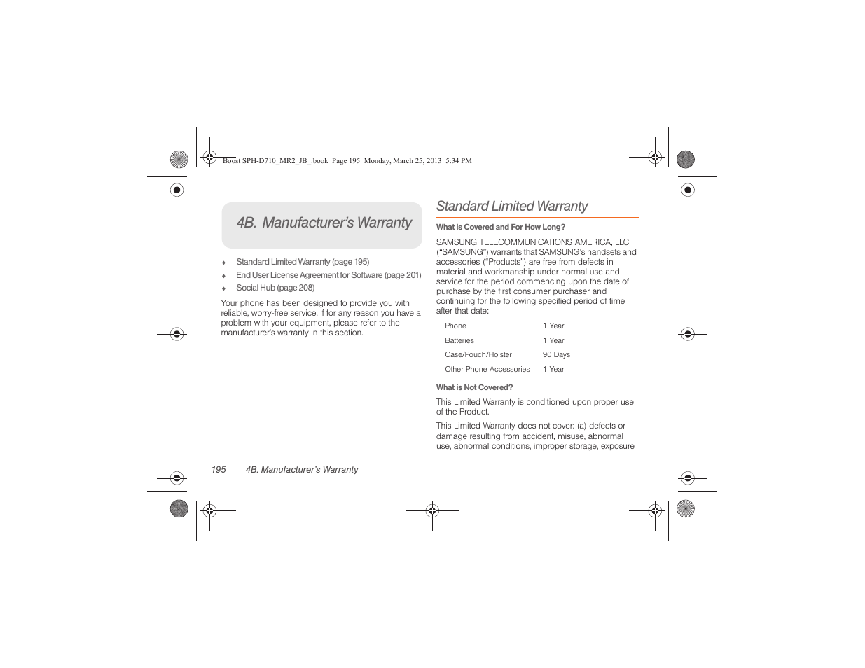 4b. manufacturer’s warranty, Standard limited warranty | Samsung SPH-D710ZWABST User Manual | Page 210 / 252