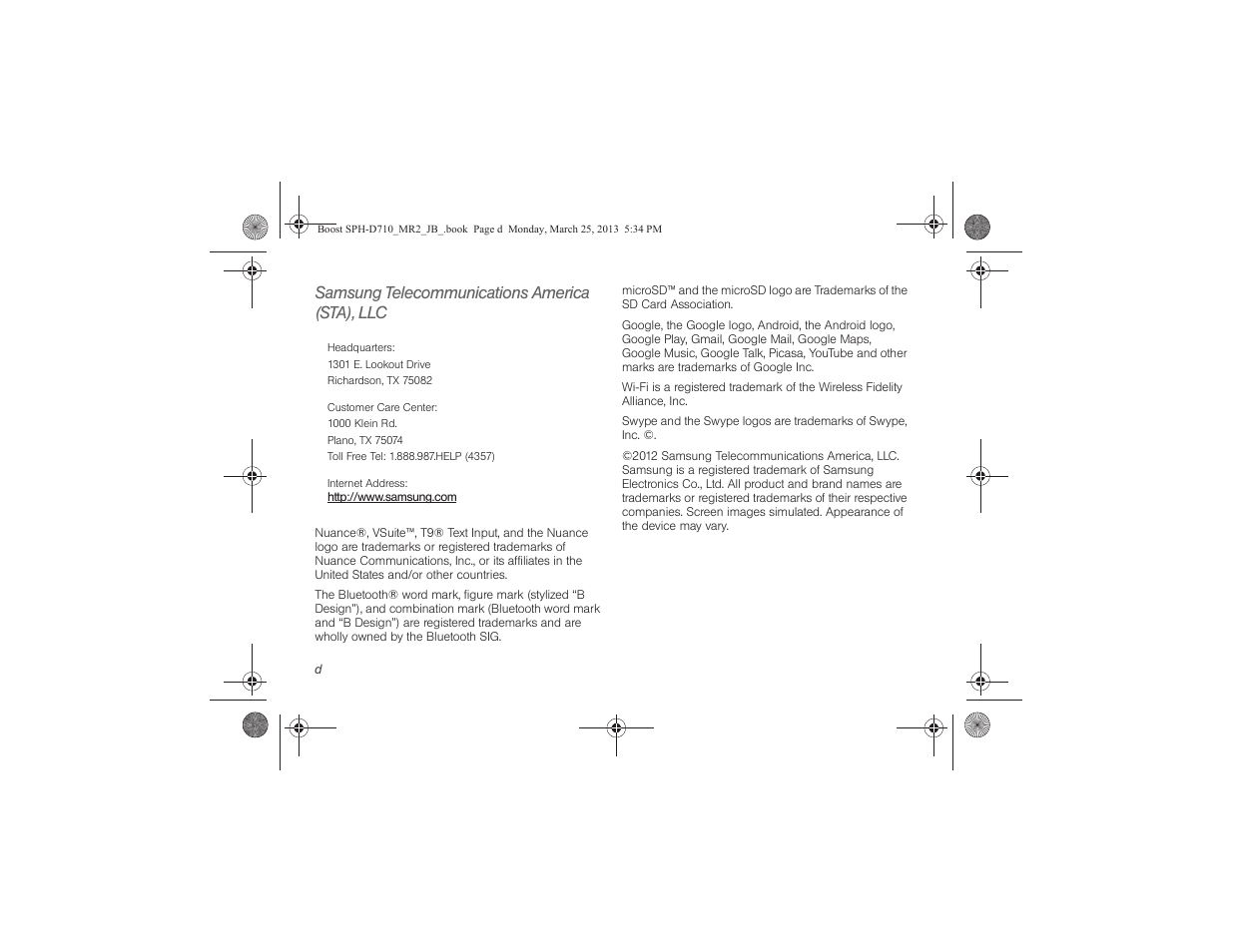 Samsung telecommunications america (sta), llc | Samsung SPH-D710ZWABST User Manual | Page 4 / 252