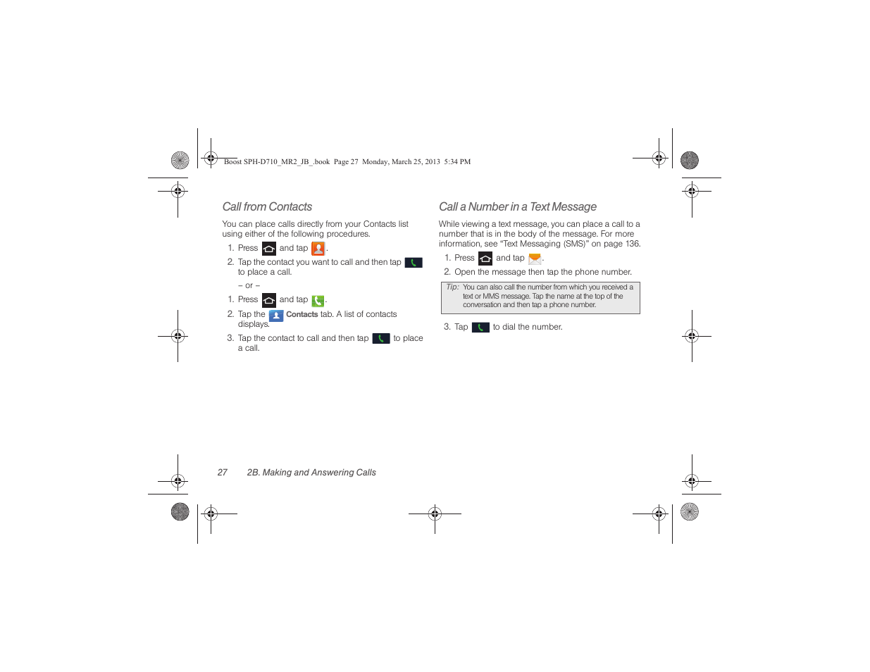 Call from contacts, Call a number in a text message | Samsung SPH-D710ZWABST User Manual | Page 42 / 252