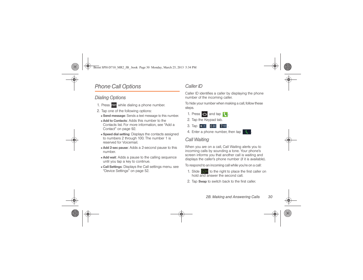 Phone call options, Dialing options, Caller id | Call waiting | Samsung SPH-D710ZWABST User Manual | Page 45 / 252