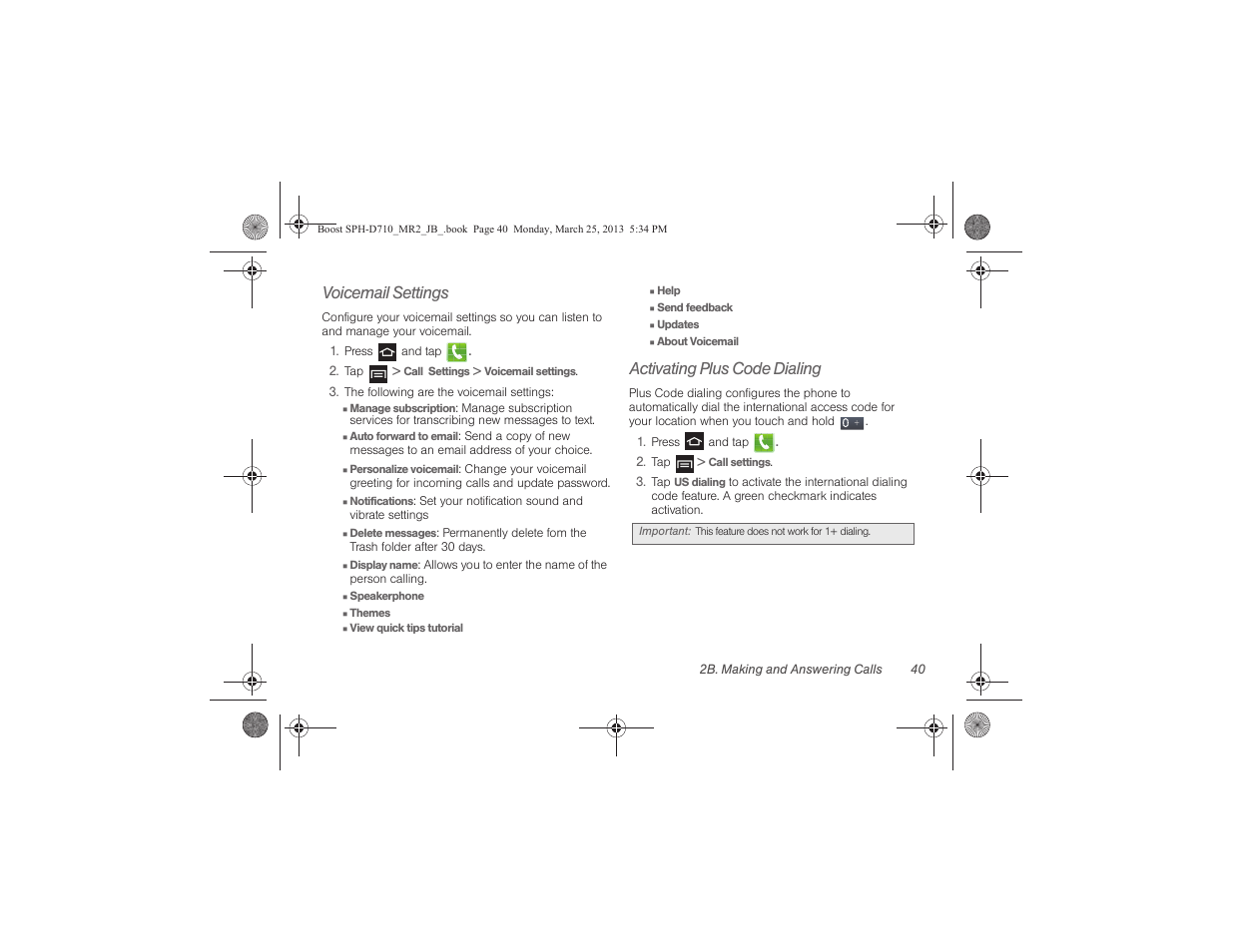 Voicemail settings, Activating plus code dialing | Samsung SPH-D710ZWABST User Manual | Page 55 / 252