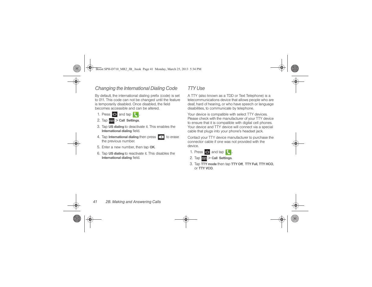 Changing the international dialing code, Tty use | Samsung SPH-D710ZWABST User Manual | Page 56 / 252