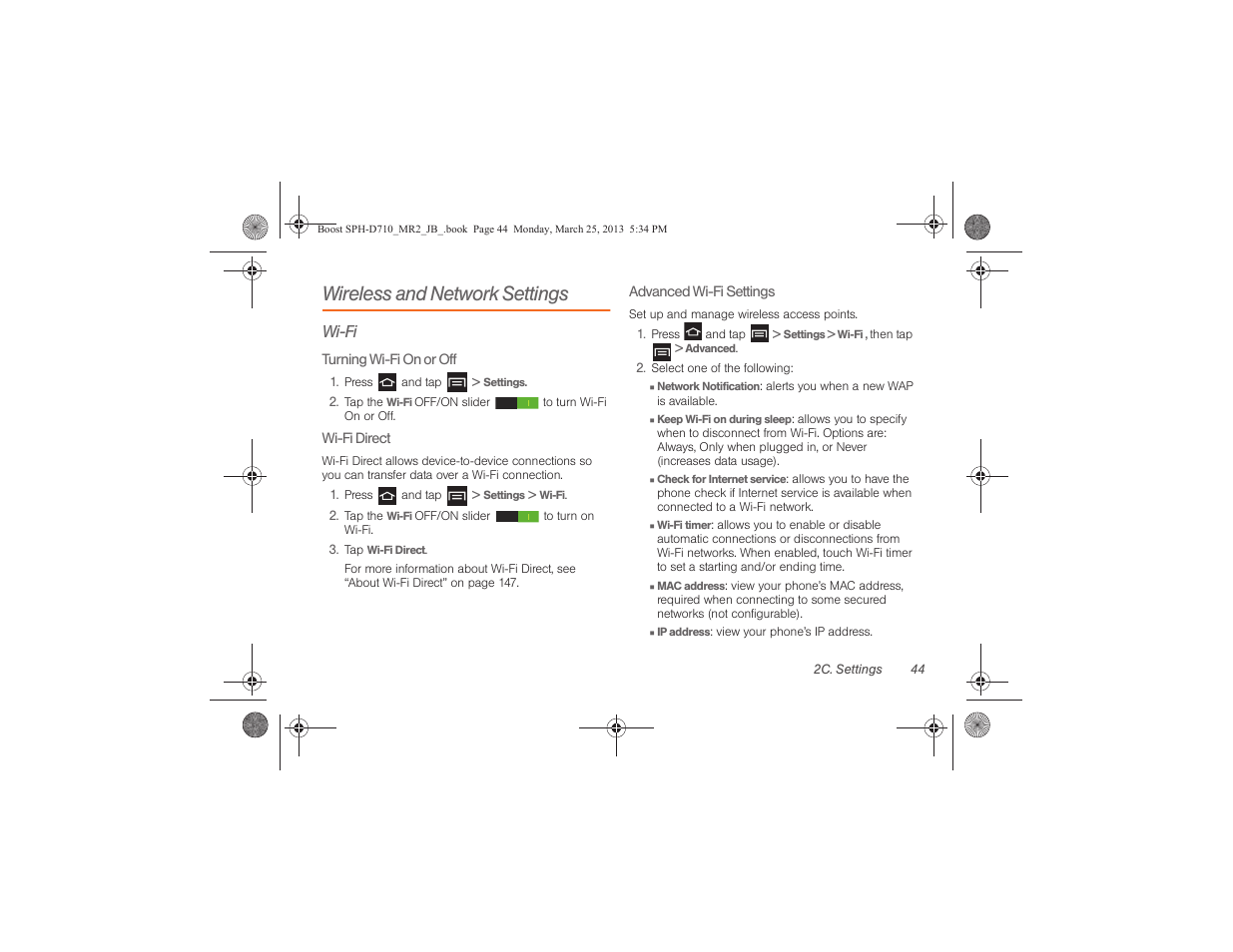 Wireless and network settings, Wi-fi | Samsung SPH-D710ZWABST User Manual | Page 59 / 252