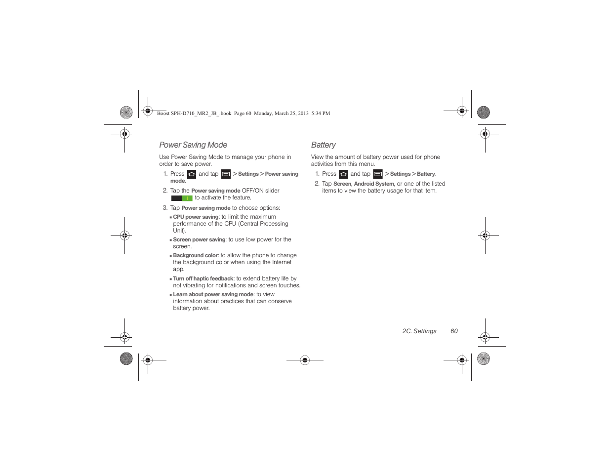 Power saving mode, Battery | Samsung SPH-D710ZWABST User Manual | Page 75 / 252