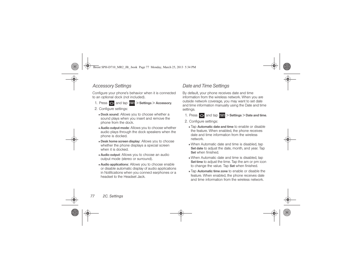 Accessory settings, Date and time settings | Samsung SPH-D710ZWABST User Manual | Page 92 / 252