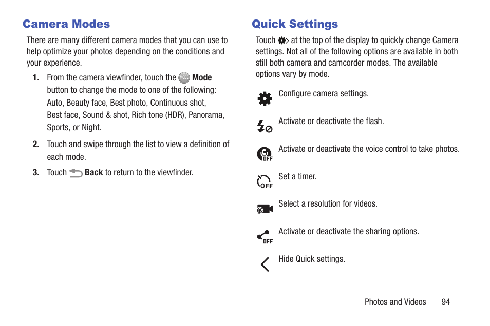 Camera modes, Quick settings, Camera modes quick settings | Samsung SGH-I257ZKAATT User Manual | Page 101 / 218