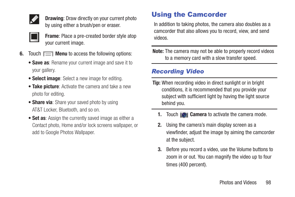 Using the camcorder | Samsung SGH-I257ZKAATT User Manual | Page 105 / 218