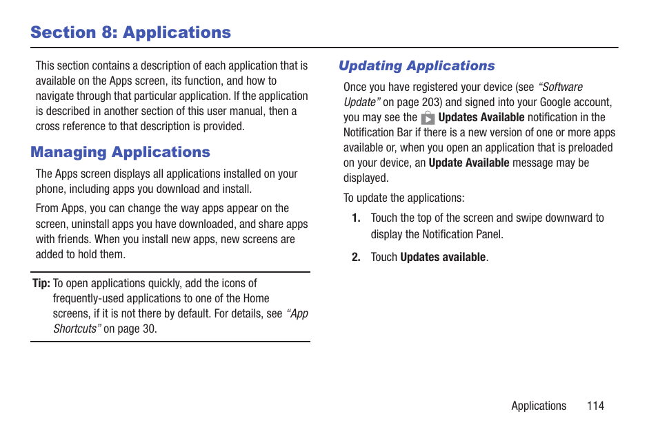 Section 8: applications, Managing applications | Samsung SGH-I257ZKAATT User Manual | Page 121 / 218