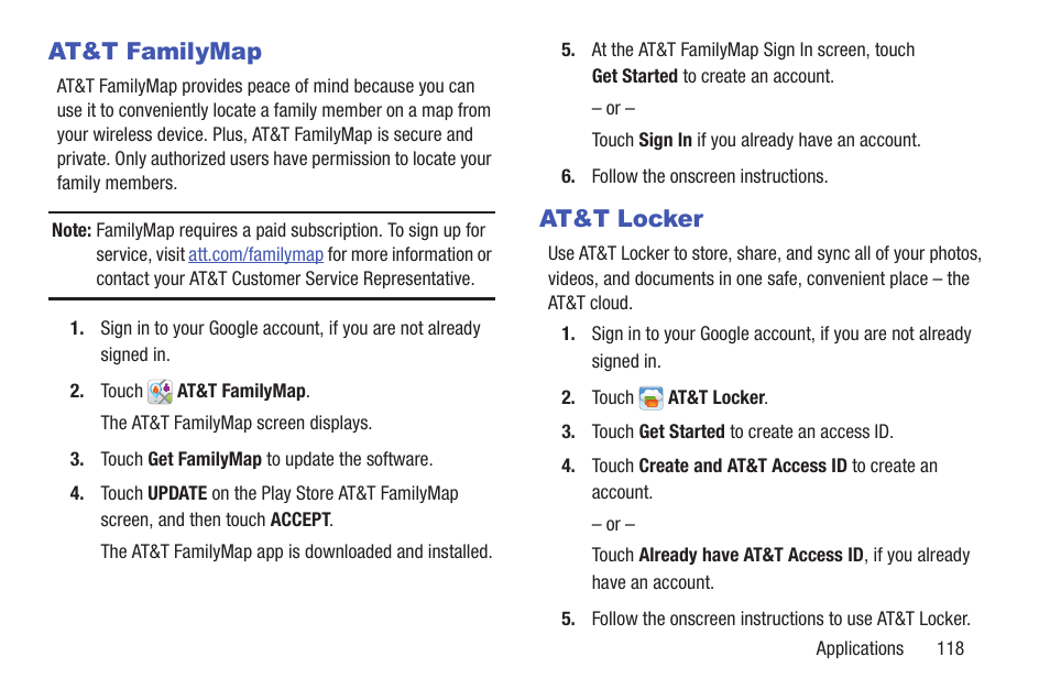 At&t familymap, At&t locker, At&t familymap at&t locker | Samsung SGH-I257ZKAATT User Manual | Page 125 / 218
