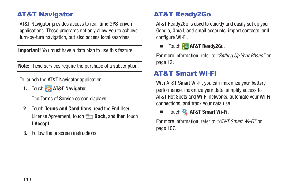 At&t navigator, At&t ready2go, At&t smart wi-fi | At&t navigator at&t ready2go at&t smart wi-fi | Samsung SGH-I257ZKAATT User Manual | Page 126 / 218