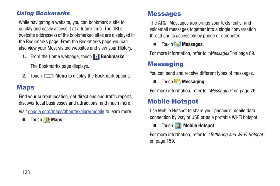 Maps, Messages, Messaging | Mobile hotspot, Maps messages messaging mobile hotspot | Samsung SGH-I257ZKAATT User Manual | Page 140 / 218