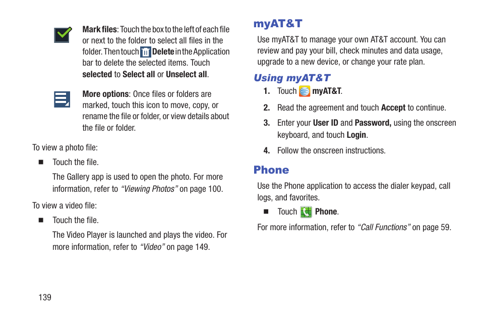 Myat&t, Phone, Myat&t phone | Samsung SGH-I257ZKAATT User Manual | Page 146 / 218