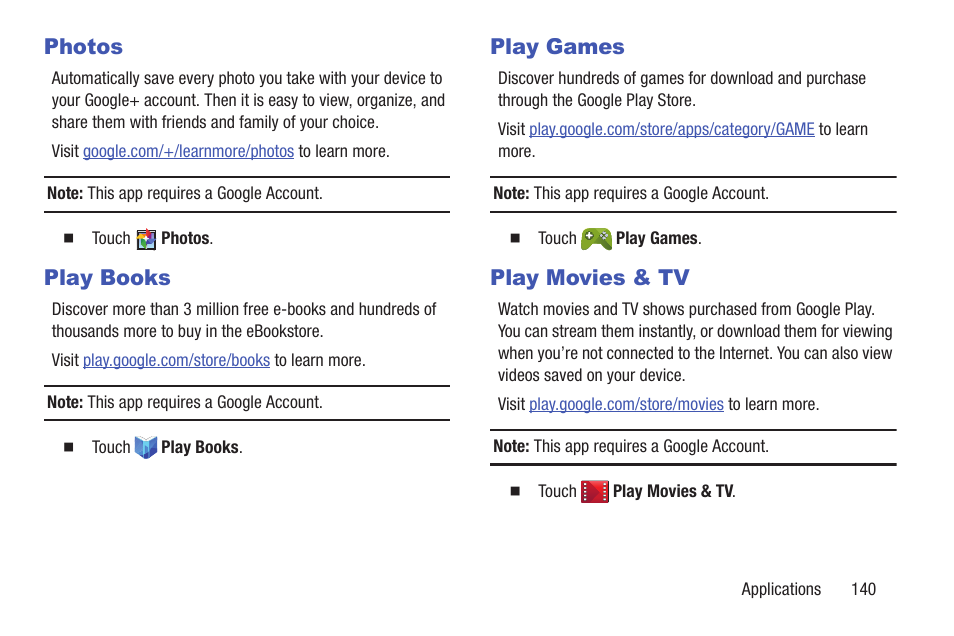 Photos, Play books, Play games | Play movies & tv, Photos play books play games play movies & tv | Samsung SGH-I257ZKAATT User Manual | Page 147 / 218