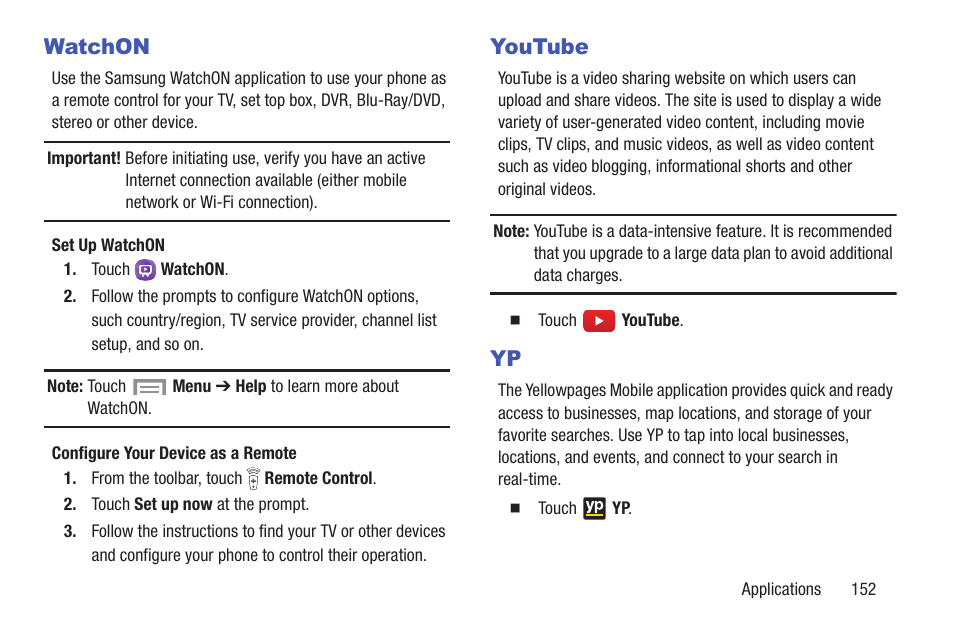 Watchon, Youtube, Watchon youtube yp | Samsung SGH-I257ZKAATT User Manual | Page 159 / 218